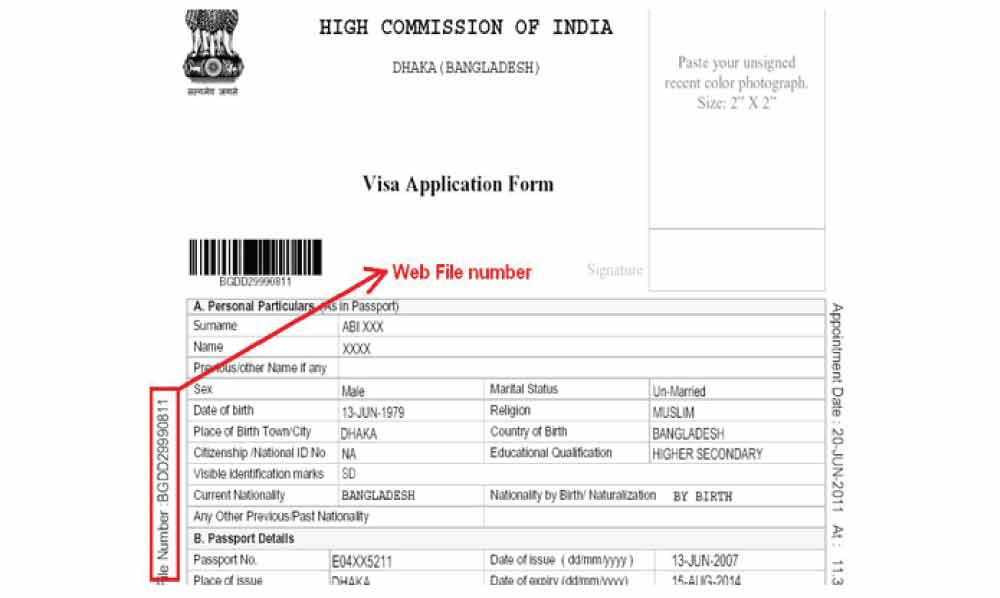 Indian visa application web file number